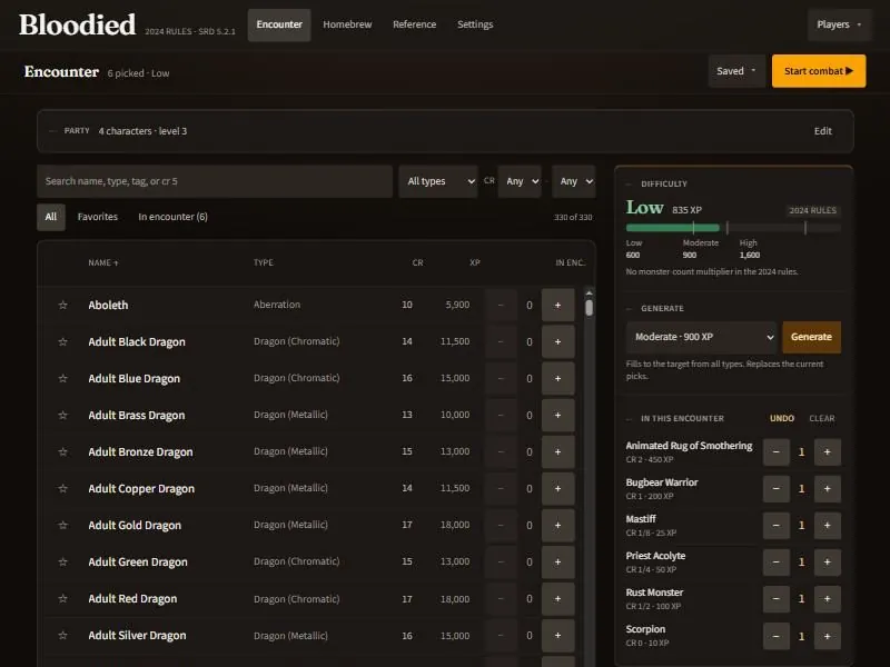 Bloodied’s encounter builder: a monster list with challenge ratings and XP, and a difficulty meter showing a Low encounter for a party of four.