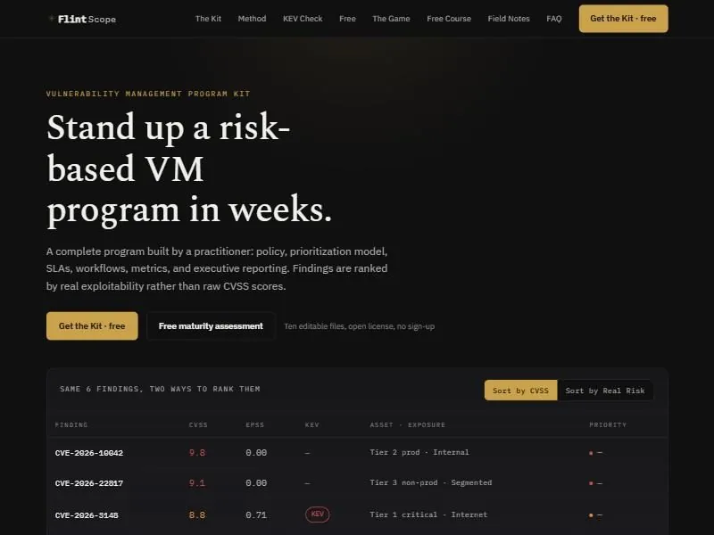 The FlintScope home page: a dark page headed “Stand up a risk-based VM program in weeks” above a table ranking six findings by CVSS and by real risk.