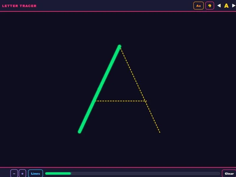 Letter Tracer: a dotted outline of the letter A on a dark background, with one stroke already traced in green.