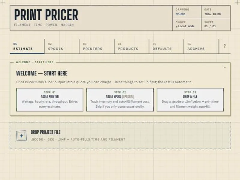 Print Pricer styled as an engineering drawing sheet, with tabs for Estimate, Spools, Printers, Products, Defaults and Archive and a drop zone for project files.