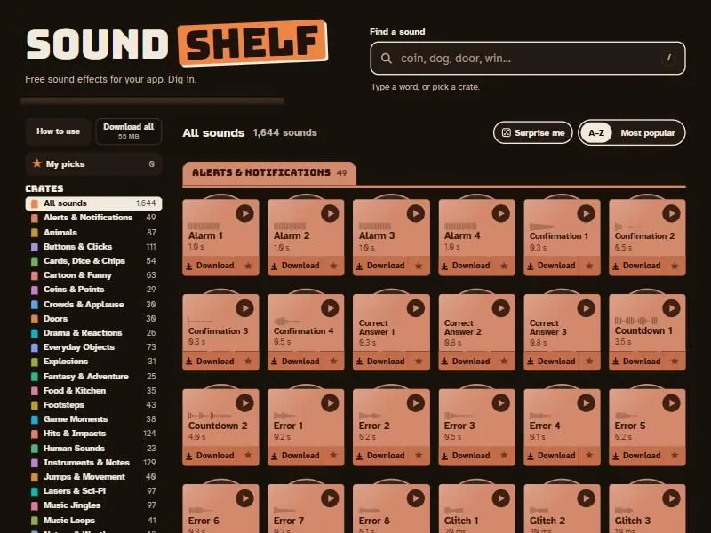 Sound Shelf: a grid of orange sound cards such as Alarm, Confirmation and Countdown, each with play and download buttons, beside a list of crates.